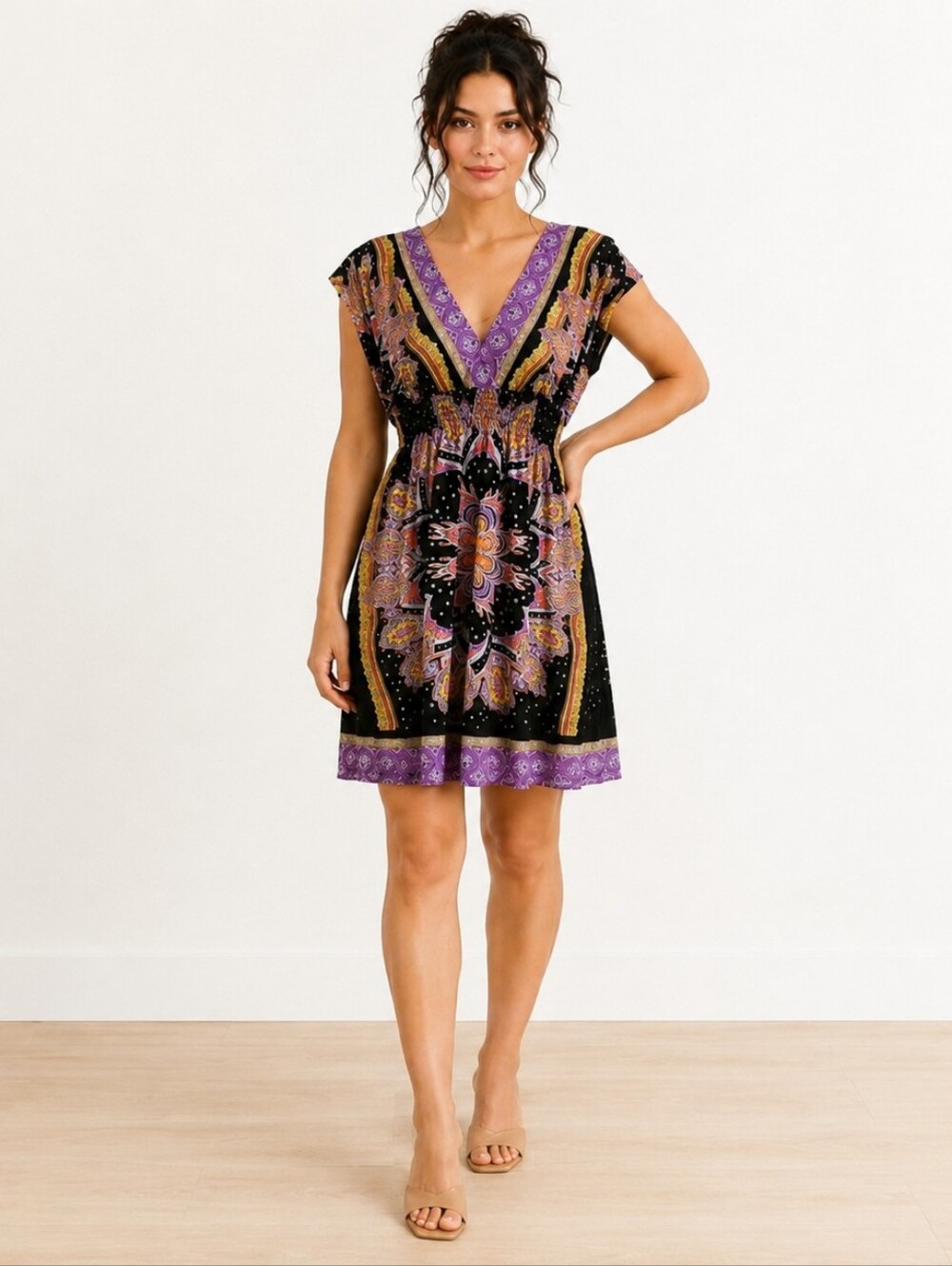 SheSoul M Black Purple Paisley Boho Smocked Waist V Neck Dress